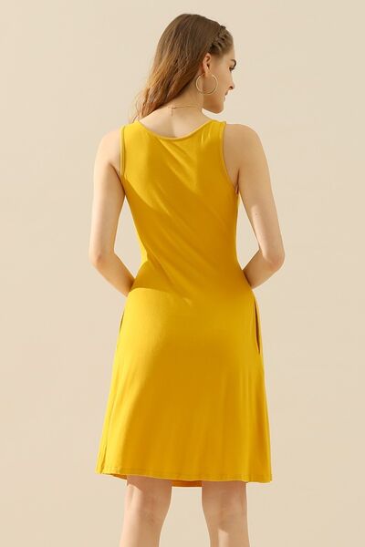 Doublju Full Size Round Neck Ruched Sleeveless Dress with Pockets **available in 10 colors