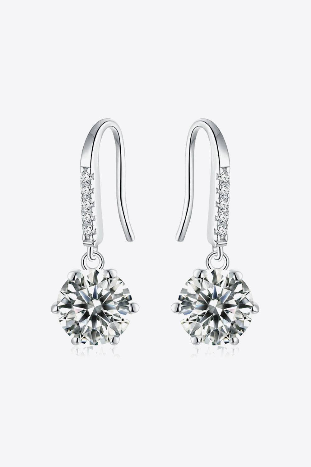 Platinum plated over sterling silver round moissanite drop earrings with small zircon accent stones 