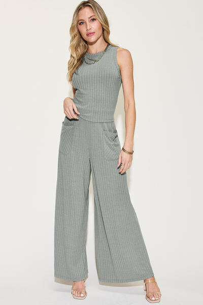 Basic Bae Full Size Ribbed Tank and Wide Leg Pants Set **also in grey, burnt umber, orange, dusty blue, and mocha