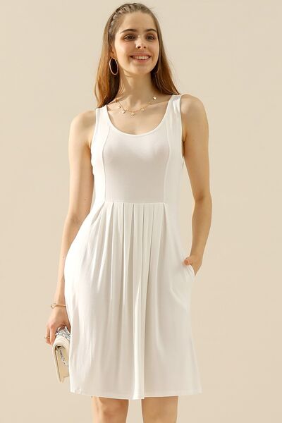 Doublju Full Size Round Neck Ruched Sleeveless Dress with Pockets **available in 10 colors