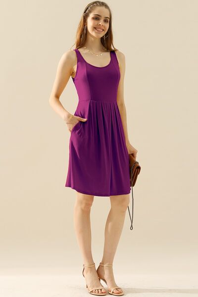 Doublju Full Size Round Neck Ruched Sleeveless Dress with Pockets **available in 10 colors