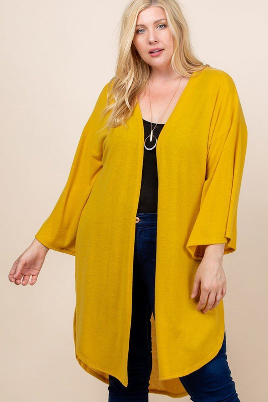 Plus Size Solid Hacci Brush Open Front Long Cardigan With Bell Sleeves **also available in mauve