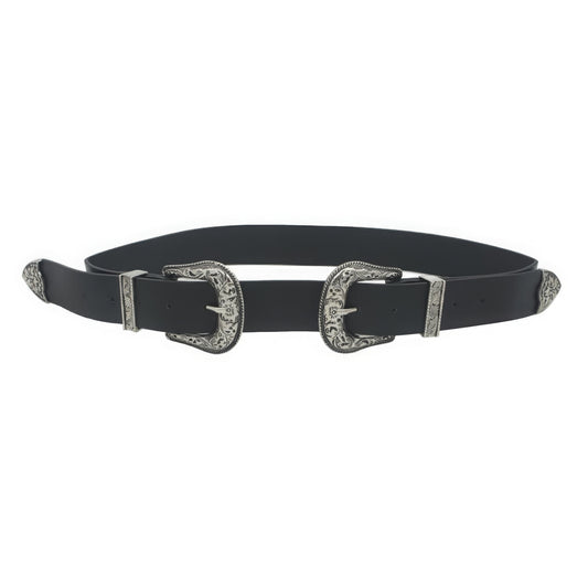 Floral embossed double buckle Western belt in black against a white backdrop.