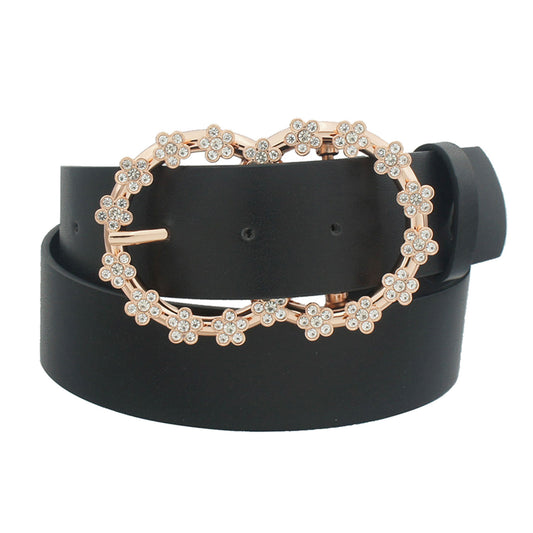 Wide black belt with a double circle closure adorned with rhinestone flowers.