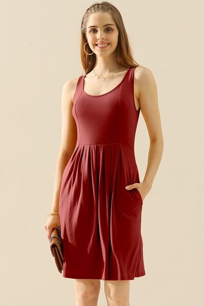 Doublju Full Size Round Neck Ruched Sleeveless Dress with Pockets **available in 10 colors