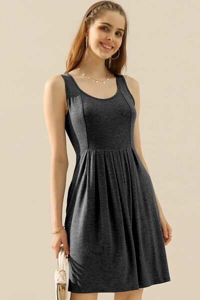 Doublju Full Size Round Neck Ruched Sleeveless Dress with Pockets **available in 10 colors