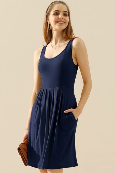 Doublju Full Size Round Neck Ruched Sleeveless Dress with Pockets **available in 10 colors