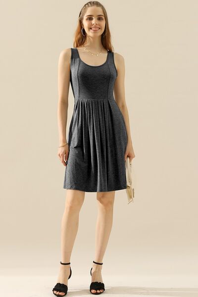 Doublju Full Size Round Neck Ruched Sleeveless Dress with Pockets **available in 10 colors