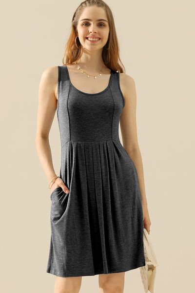 Doublju Full Size Round Neck Ruched Sleeveless Dress with Pockets **available in 10 colors